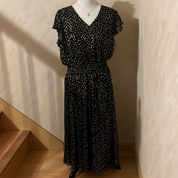 msk black and gold dress Msk Metallic-Print Pleated Blouson Gown - Black/Gold